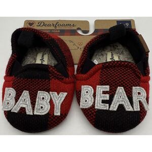 Baby Bear Embroidered Buffalo Plaid‎ Dearfoams Baby Slippers - Size 6-9 months